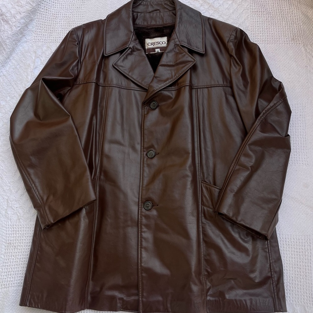 Cresco leather jacket vintage coat men’s 48 long brown faux fur liner 80s 70s